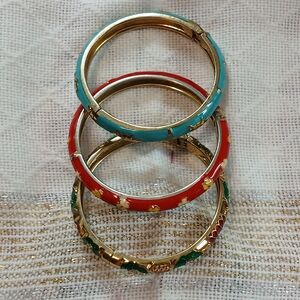 Vintage Signed BTF Hinged Enamel Bangle Bracelets, Elephants, Palms, Flowers, Re